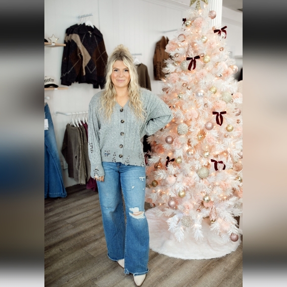 NWT HYFVE "Sterling Cardigan" Button-Up Sweater w/Studs✨️Distressing Gray🩶Large - Picture 3 of 15